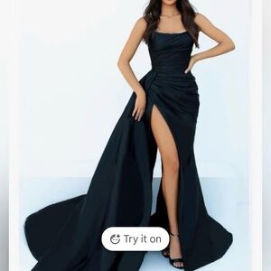 Black strapless Ruched Slit Gown by Tarik ediz